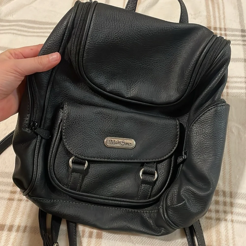 Black Faux Leather MultiSac Mini Backpack Purse - Picture 2 of 14